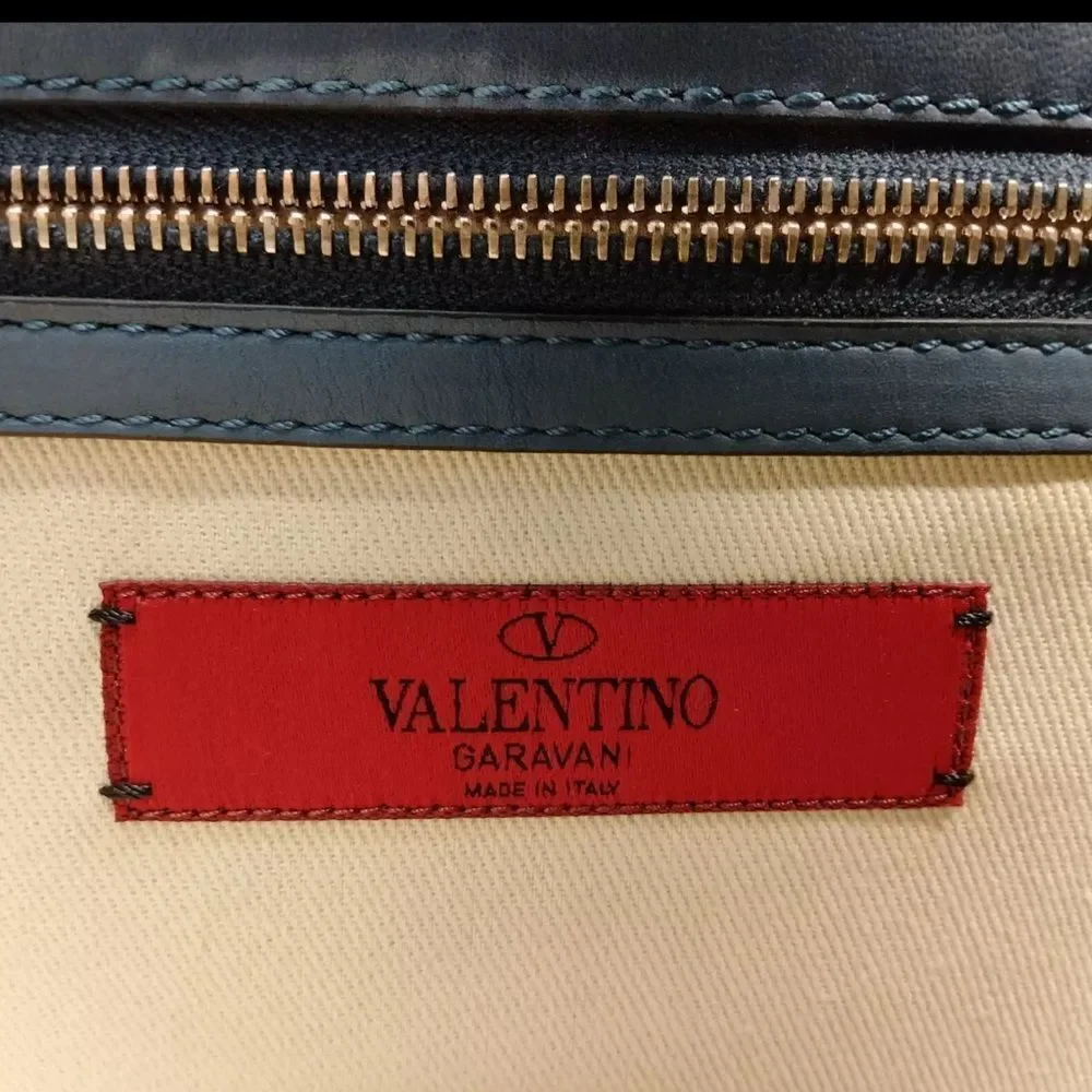 Auth Valentino Garavani Navy Blue Glam Lock Rockstud Medium Flap Shoulder Bag